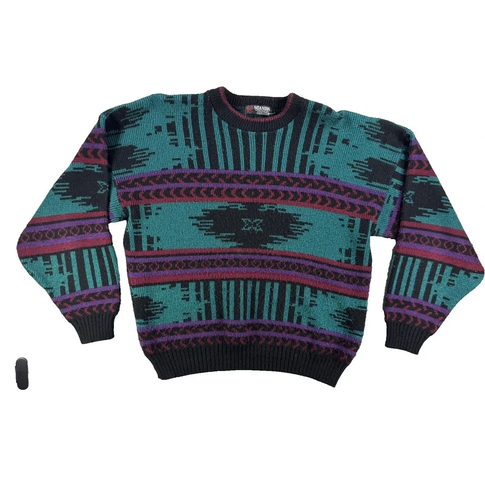 Vintage Scandia Sweater‎ Mens Large Green Geometric Knit Pullover USA Southwest